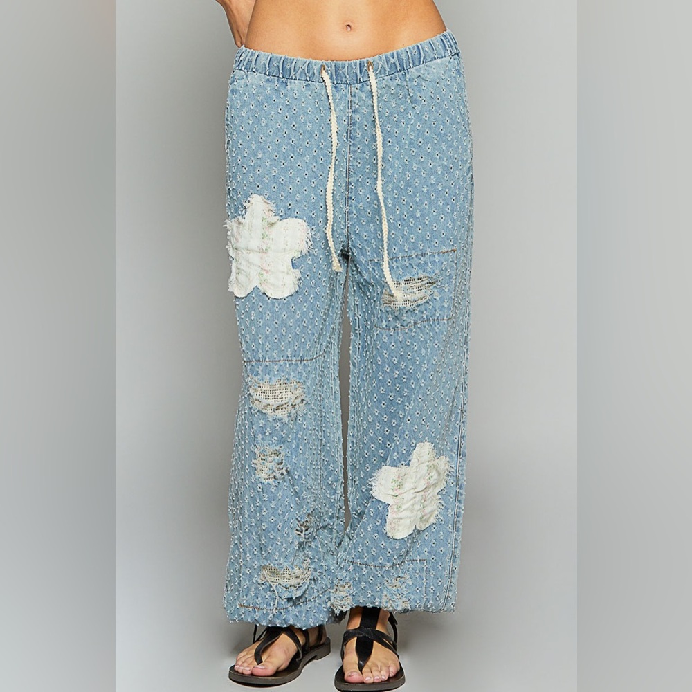 POL Light Blue Distressed Patchwork Wide-Leg Jean… - image 1